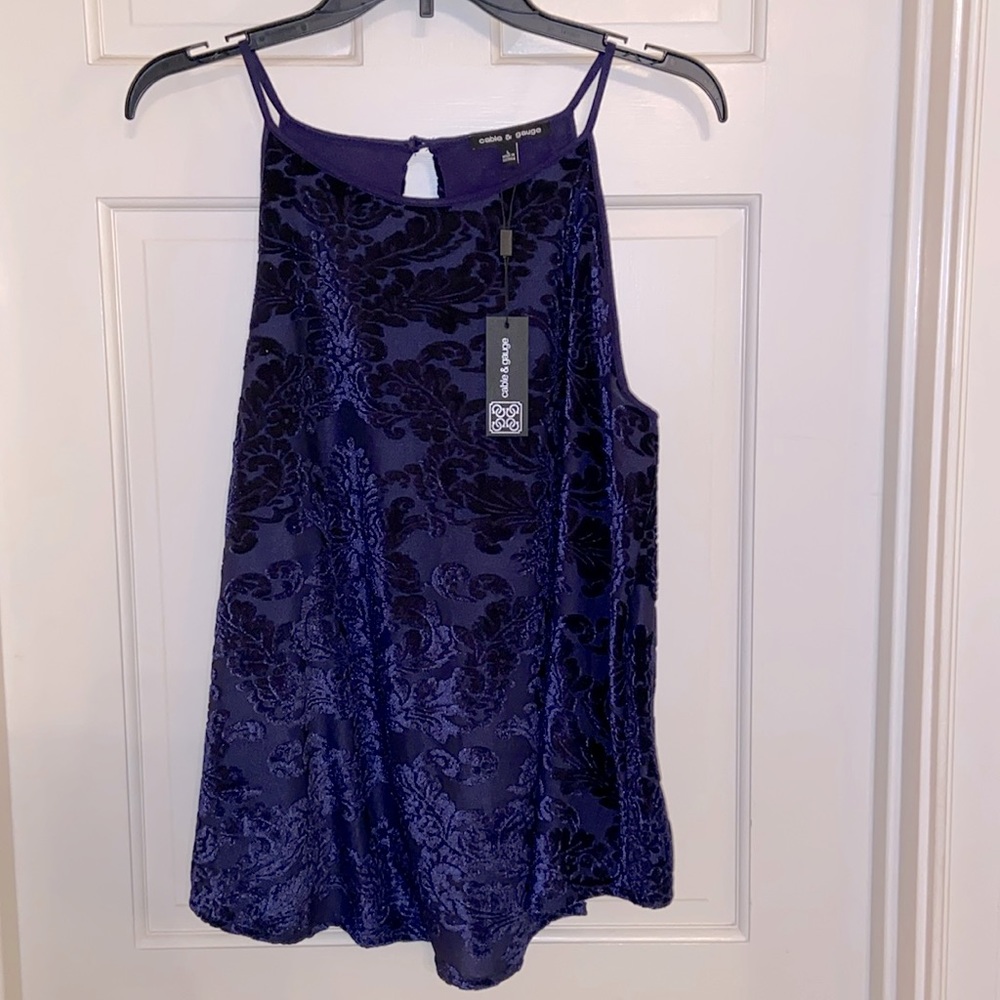 Cable & Gauge Navy Blue Damask Velvet Overlay Halter Top